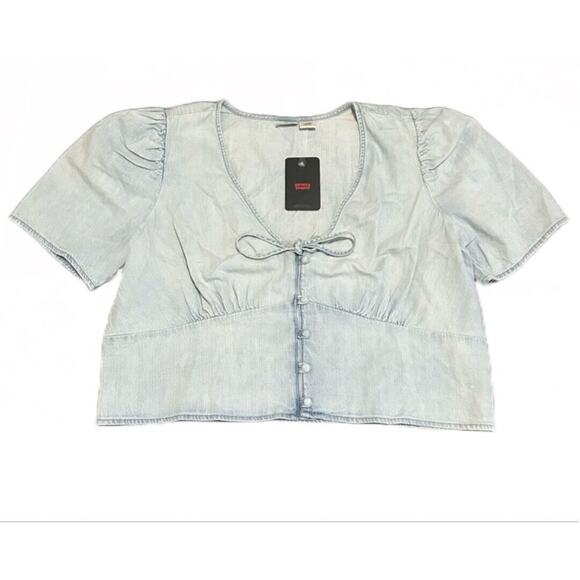Levi's Women's Luisa Puff Sleeve Blouse Indigo Stonewash Cropped Size‎ XL. NWT - Picture 1 of 5